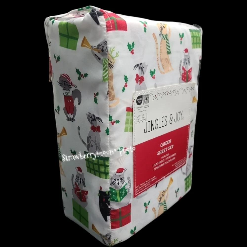 4pc Christmas Cats Caroling Hollyberry Queen Size Bed Sheet Set Decor New